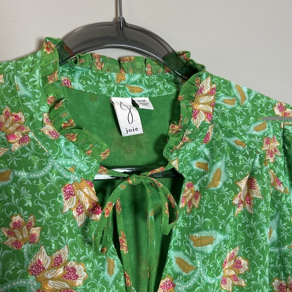 Joie Blouse Top Womens M Green Floral Pullover Peasant Cottagecore Boho Prairie - Picture 4 of 12
